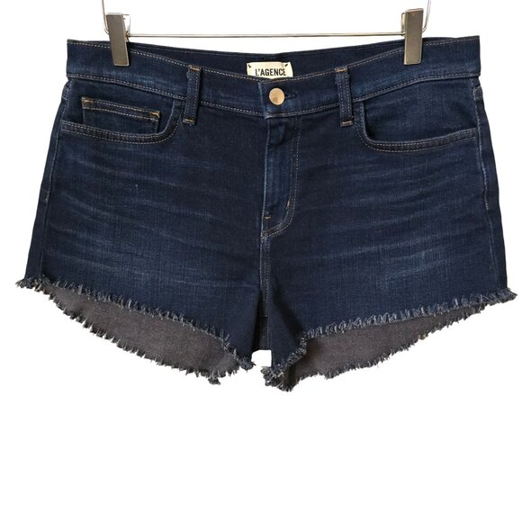 L'AGENCE Zoe Cut Off Frayed Hem Dark Wash Denim Jean Shorts